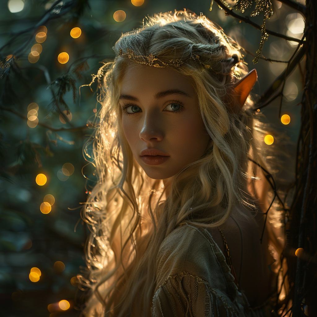 Blonde Elf Woman in Dark Pine Forest