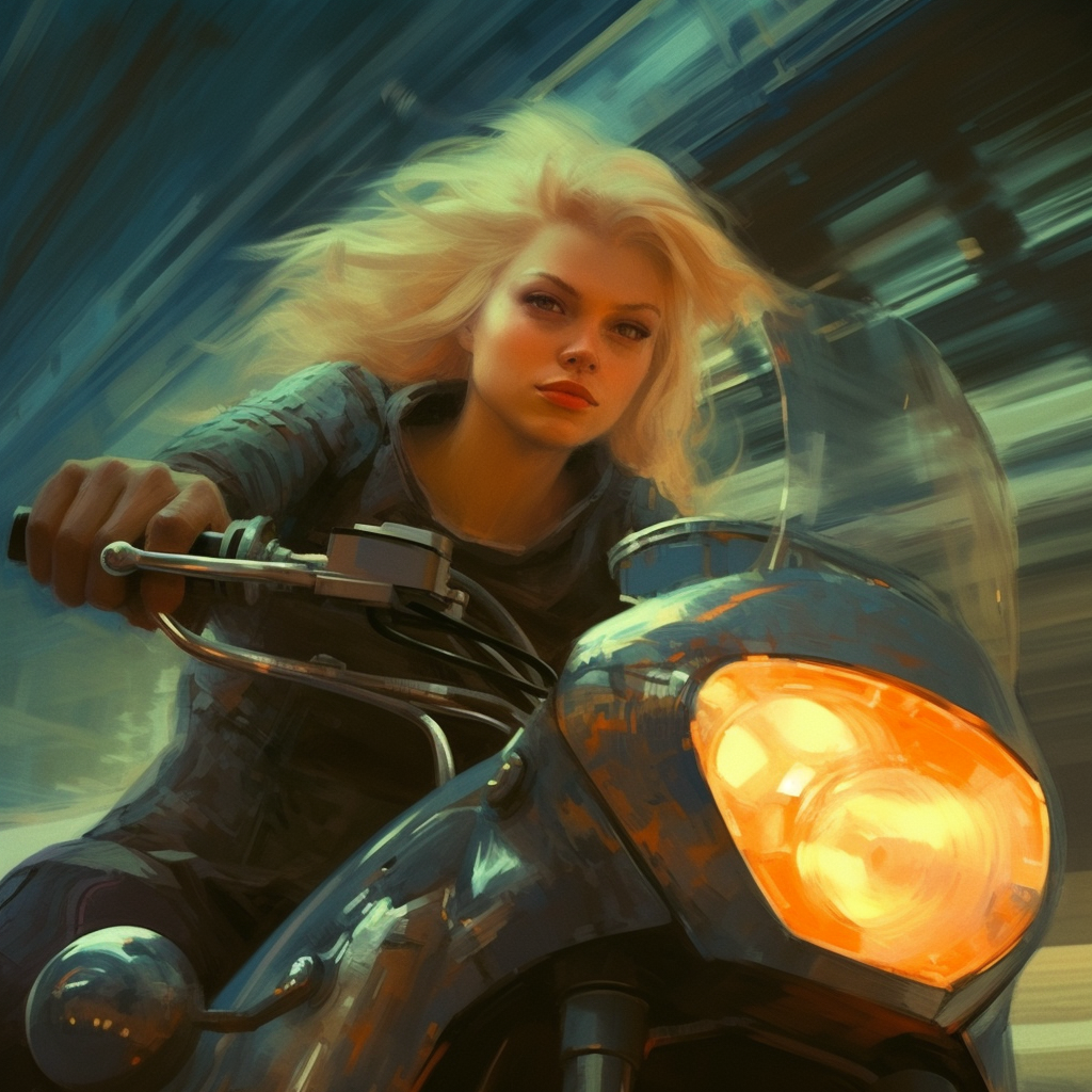 Beautiful blonde on a futuristic motorcycle painting