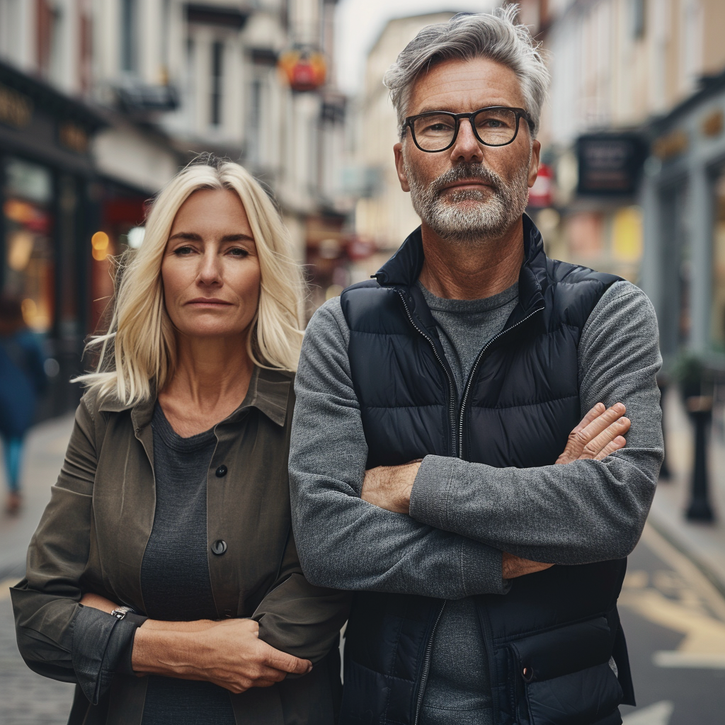 Blonde man and dark-haired woman UK