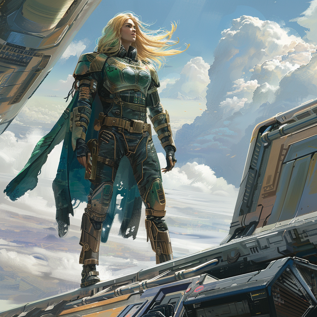 Blonde military commander spaceship painting