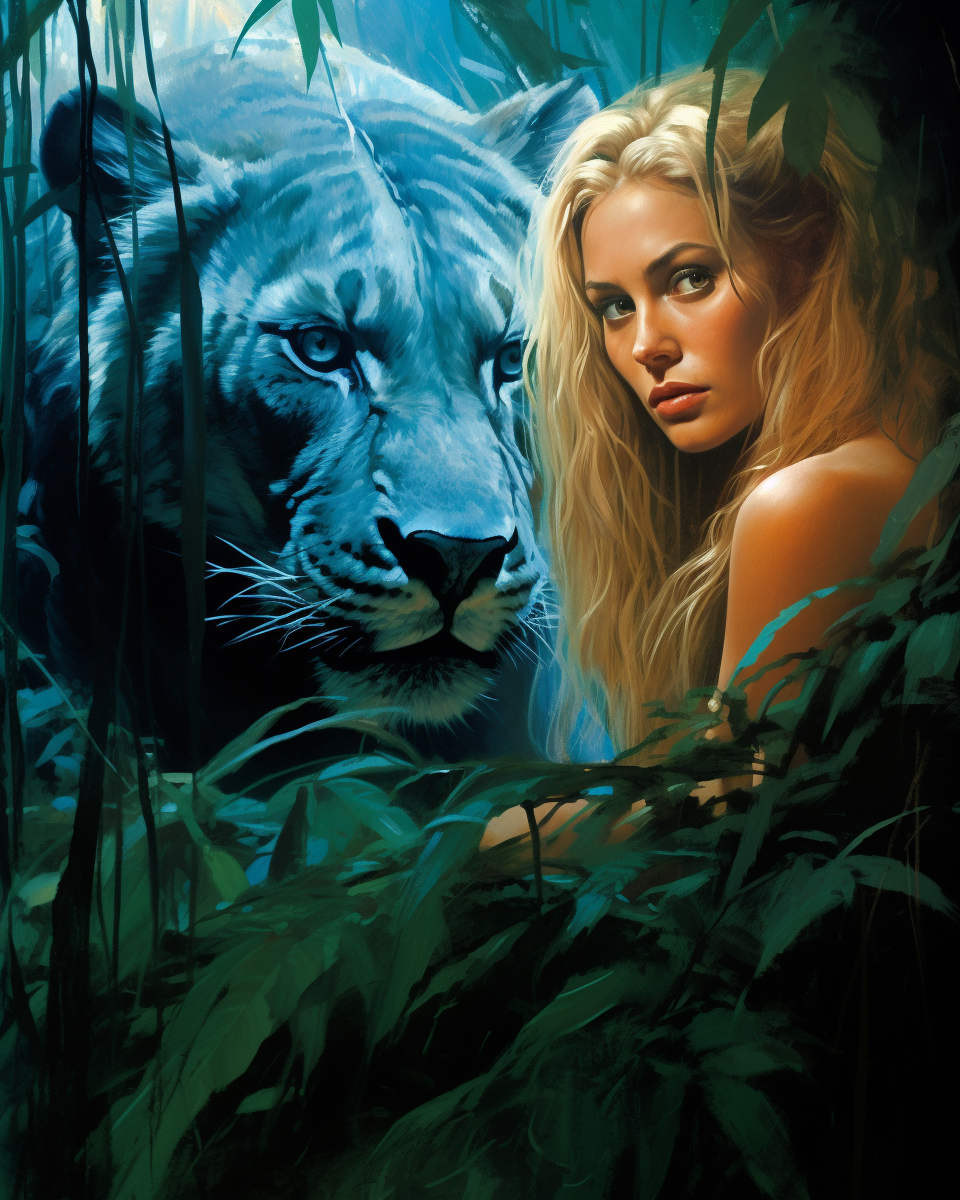 Blonde woman with jaguar in jungle