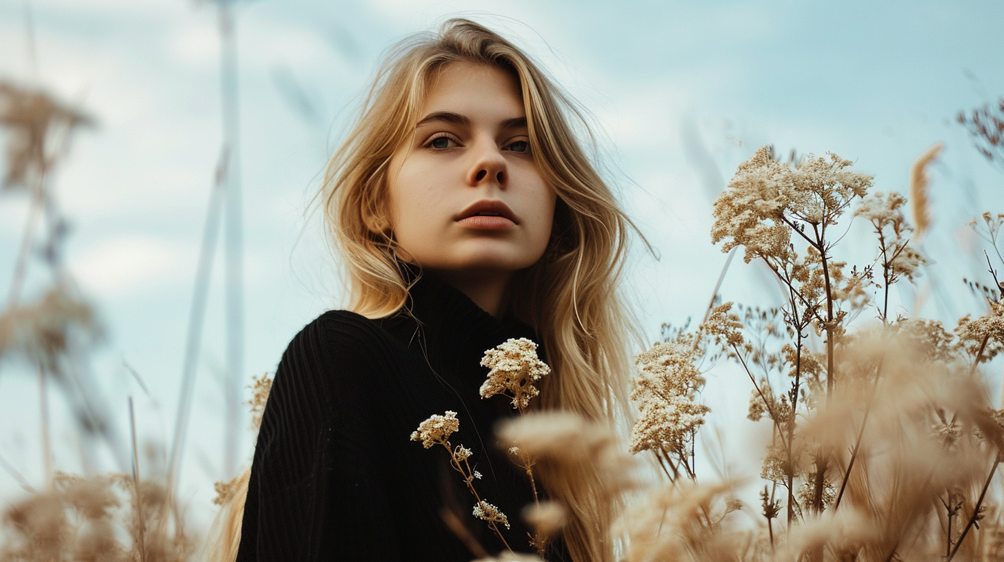 blonde woman with withered flowers