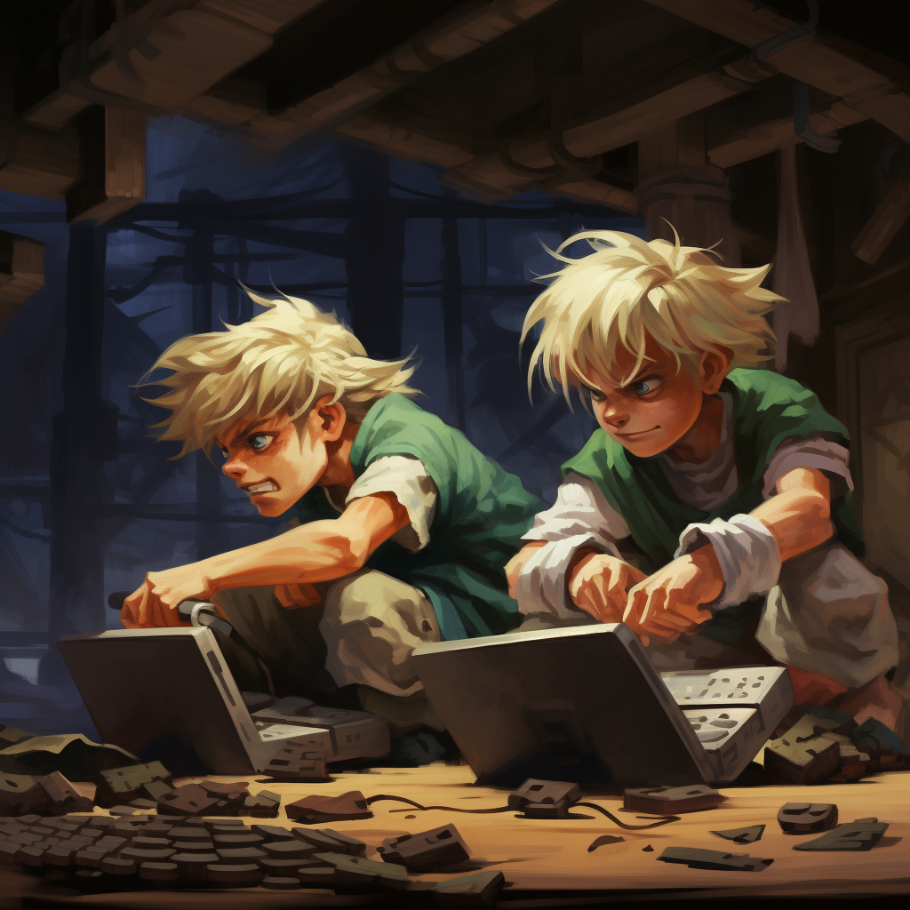 Two blonde boys fighting over PC