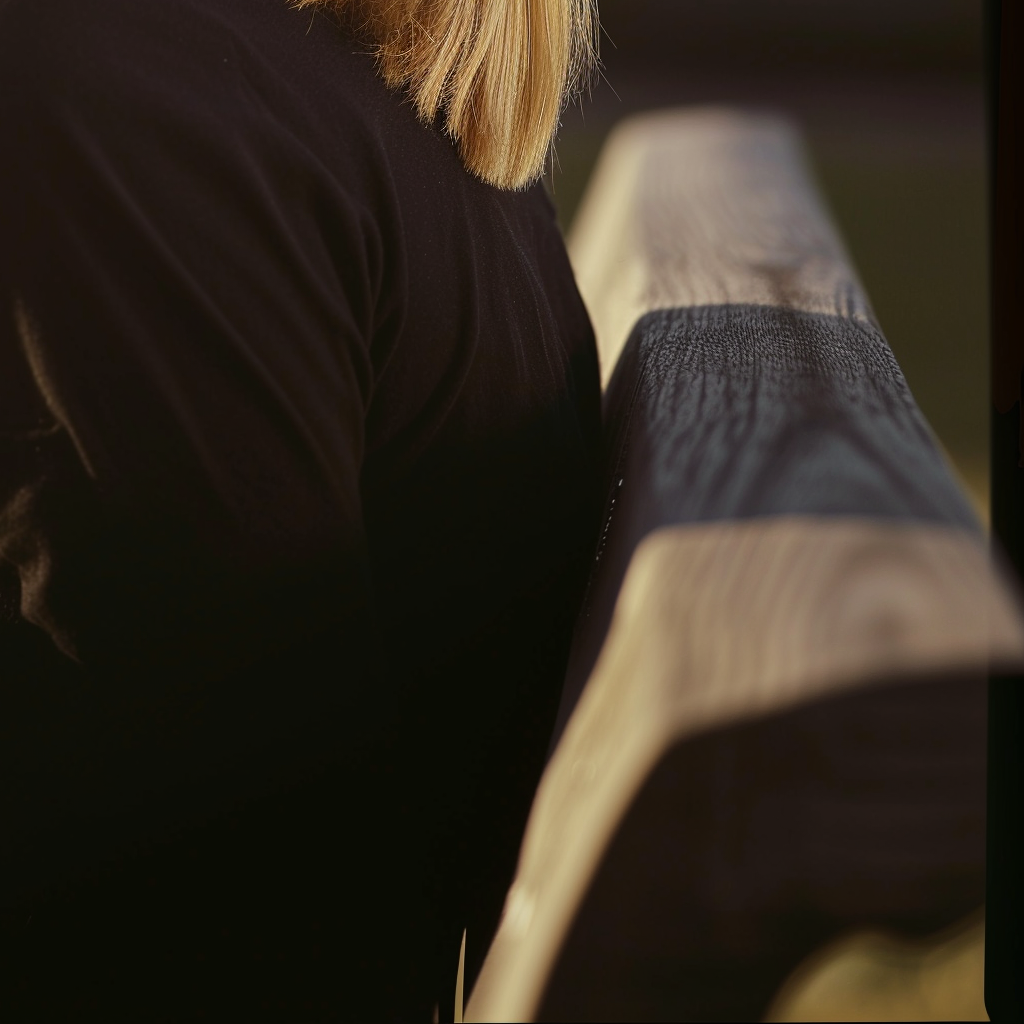 Young woman with blonde ponytail on park bench