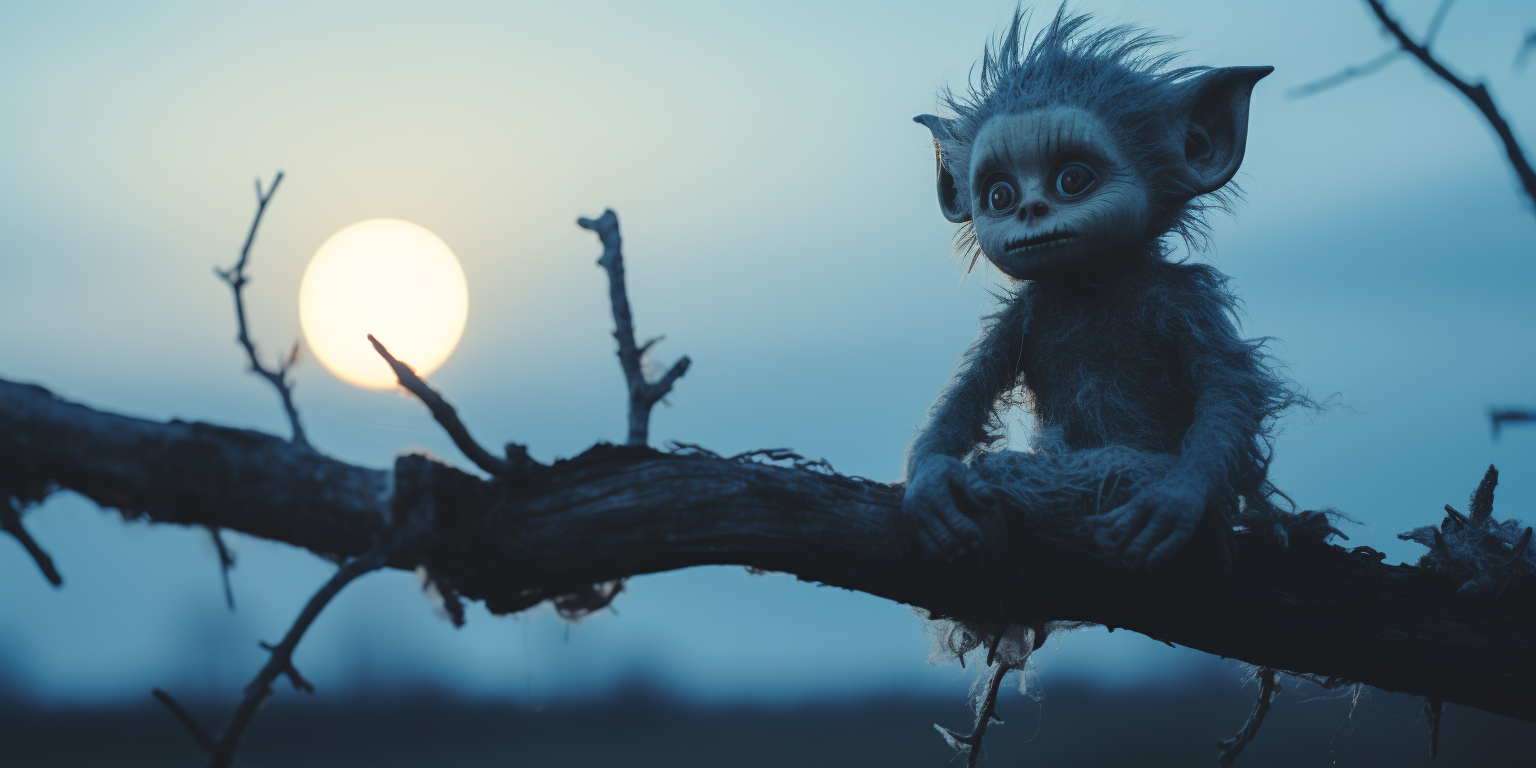 Adorable blue baby troll gazing at the moon