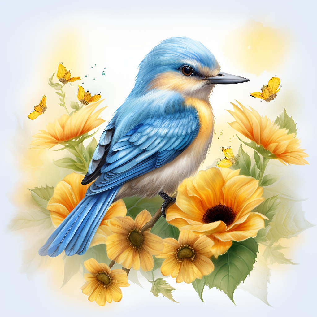 Watercolor Illustration of Blue Bird on Sunflowers