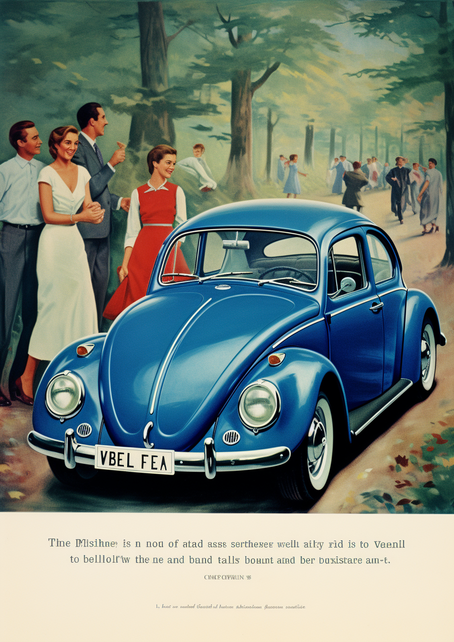 Vintage blue Volkswagen Beetle magazine advertisement