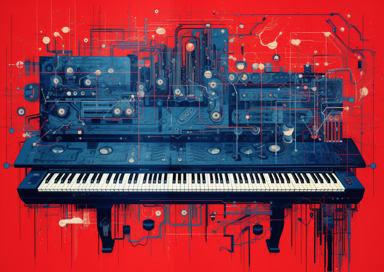 Blue ink on red background synthesizer schematic