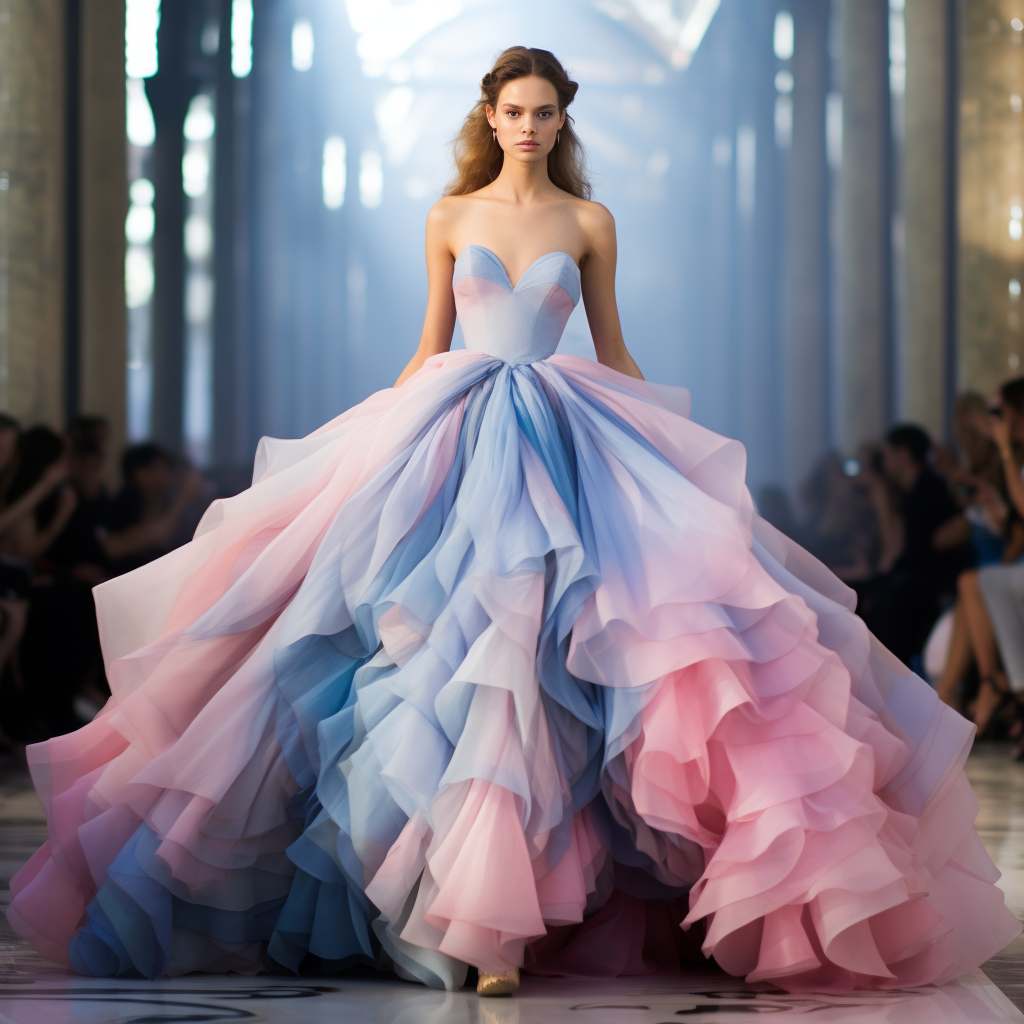 Beautiful blue and pink gown in organza princess style