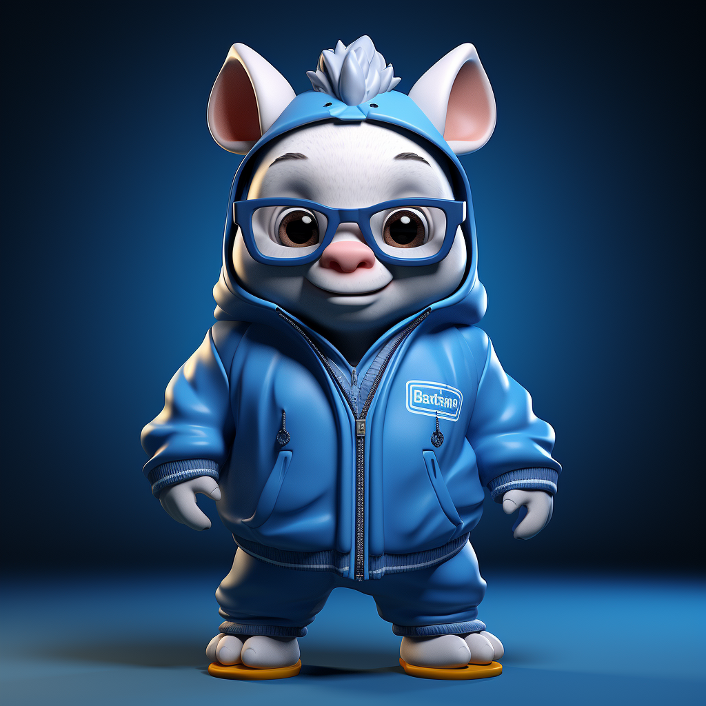 Cute blue rhino student wearing glasses and being athletic