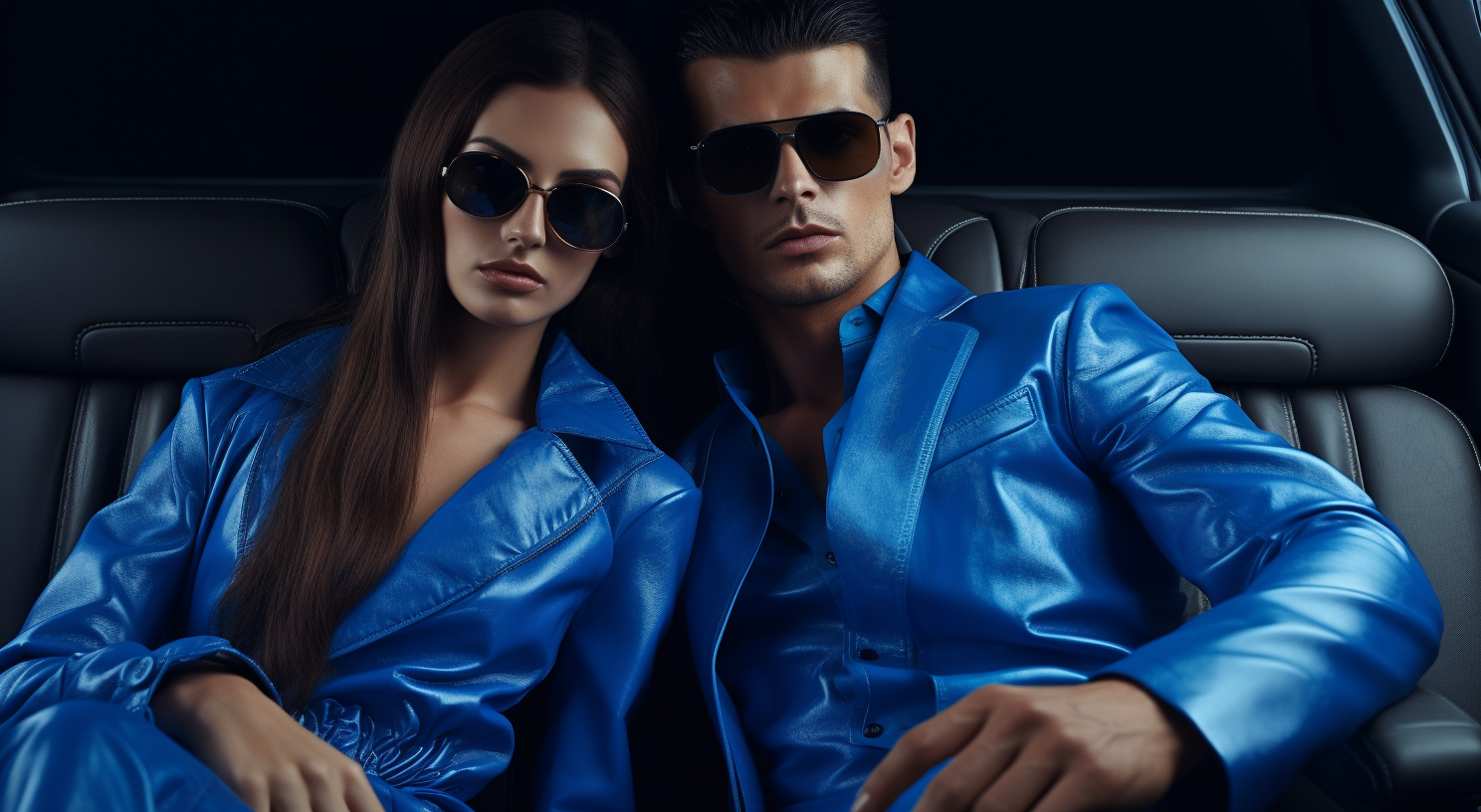 Couple sitting in blue sports car