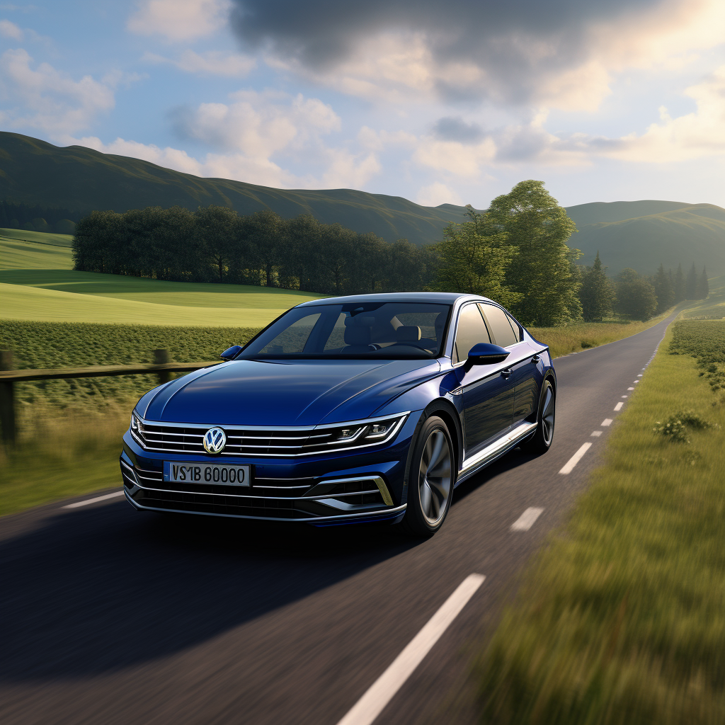 Blue Volkswagen Passat driving through scenic countryside