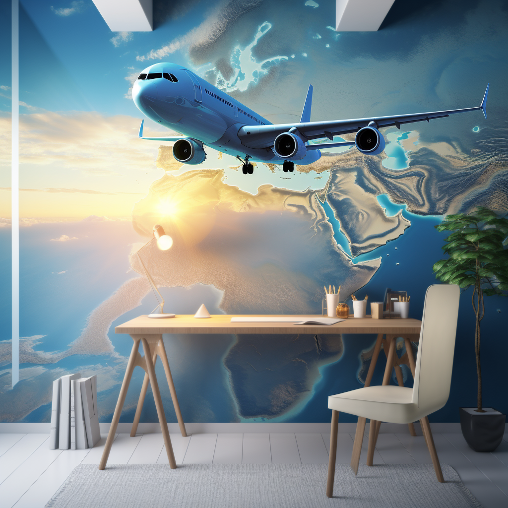 Blue wallpaper with sun rising plane