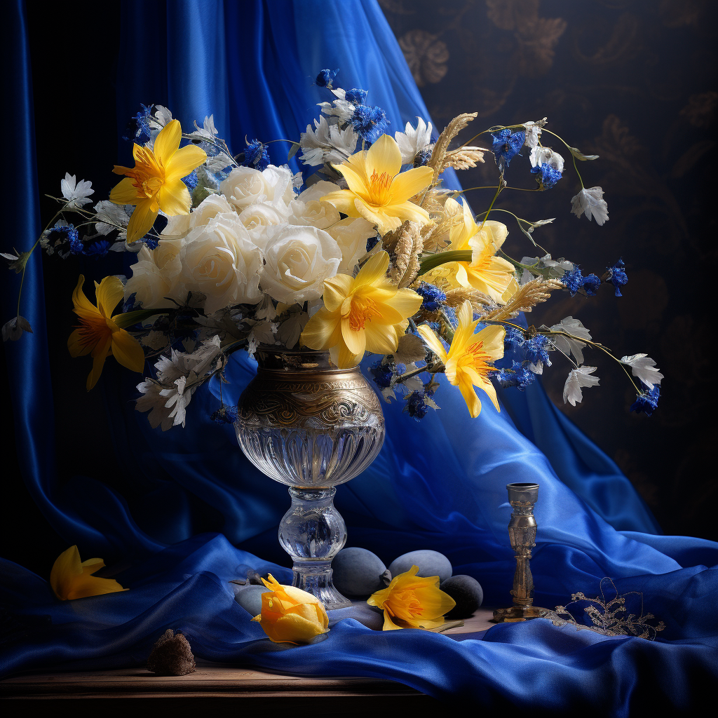 Blue and Yellow Bouquet in Crystal Vase