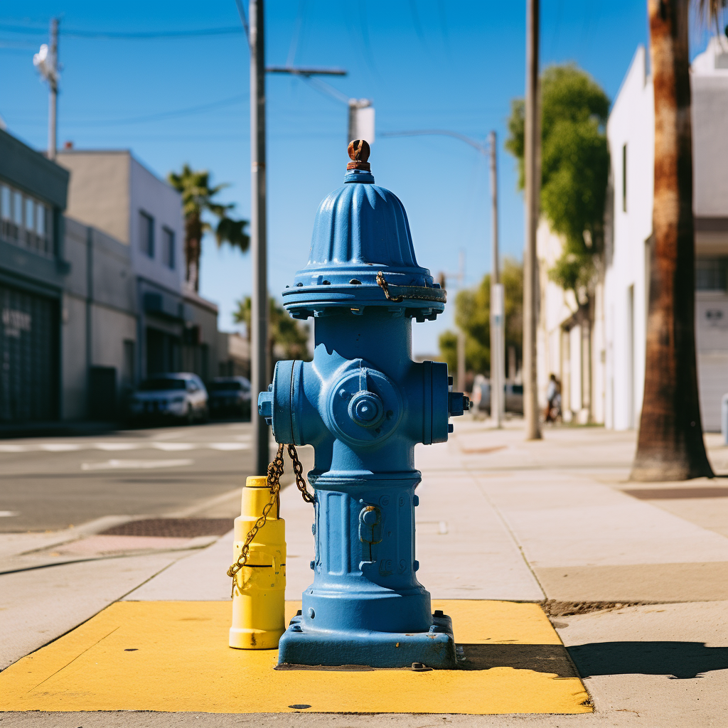 Blue and yellow fire hydrant on sidewalk