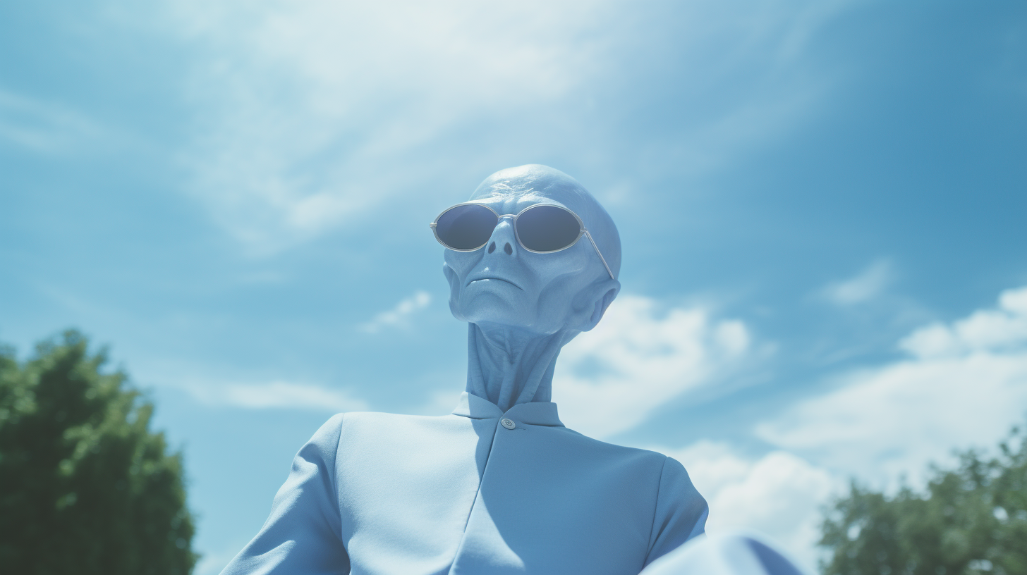 Blue alien levitating in galactic sky