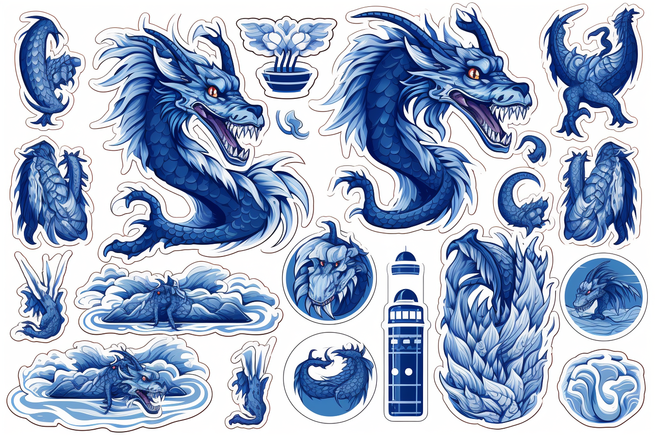 Assorted Blue Dragon Stickers on White Background