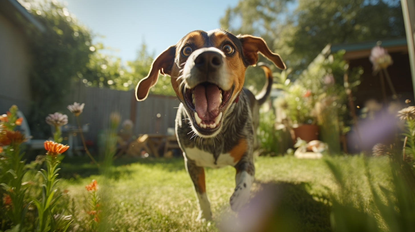 Energetic bluetick hound beagle mix playing in backyard