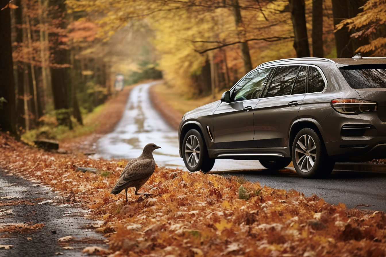 BMW X5 SUV with Wild Turkey in Autumn