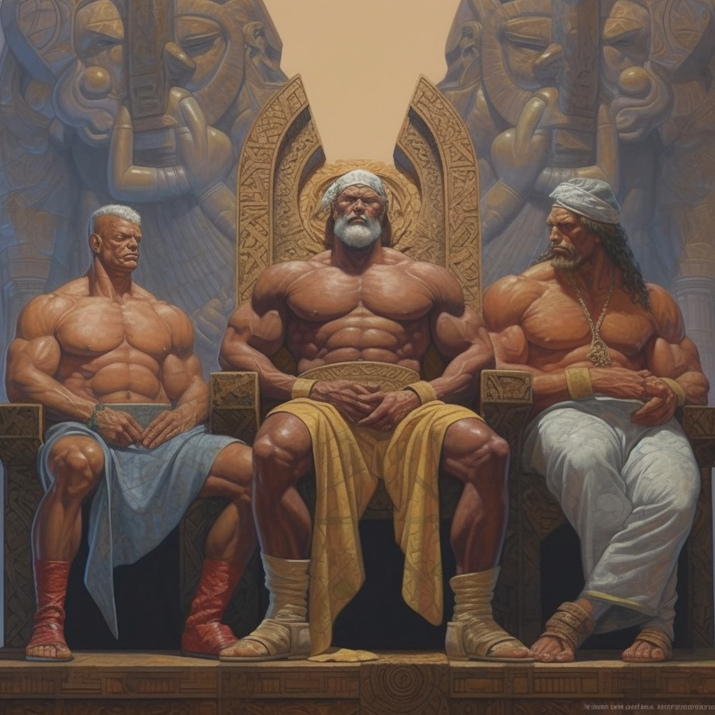 Bodybuilder with three wise men