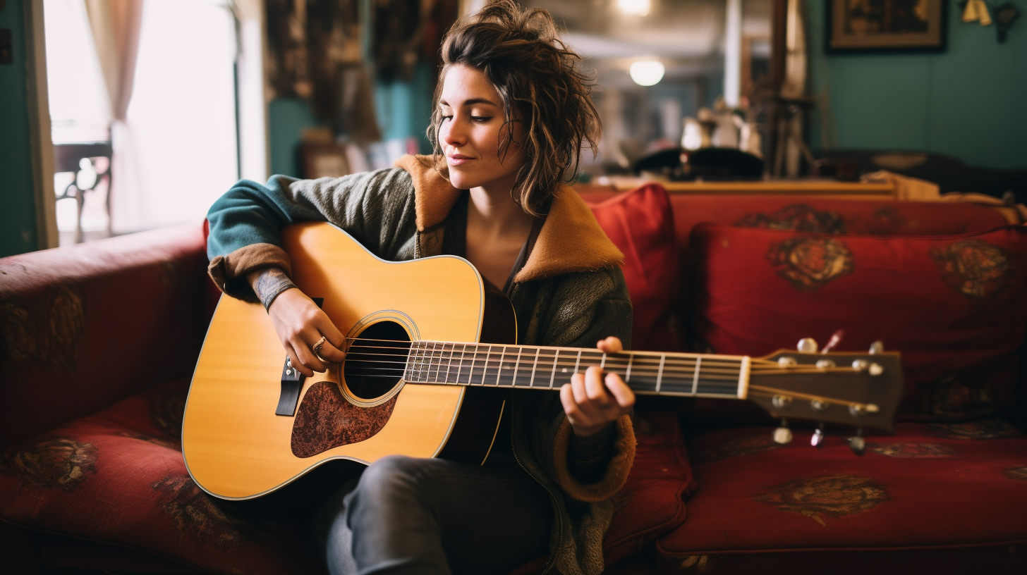 Bohemian woman playing acoustic guitar on vintage leather couch