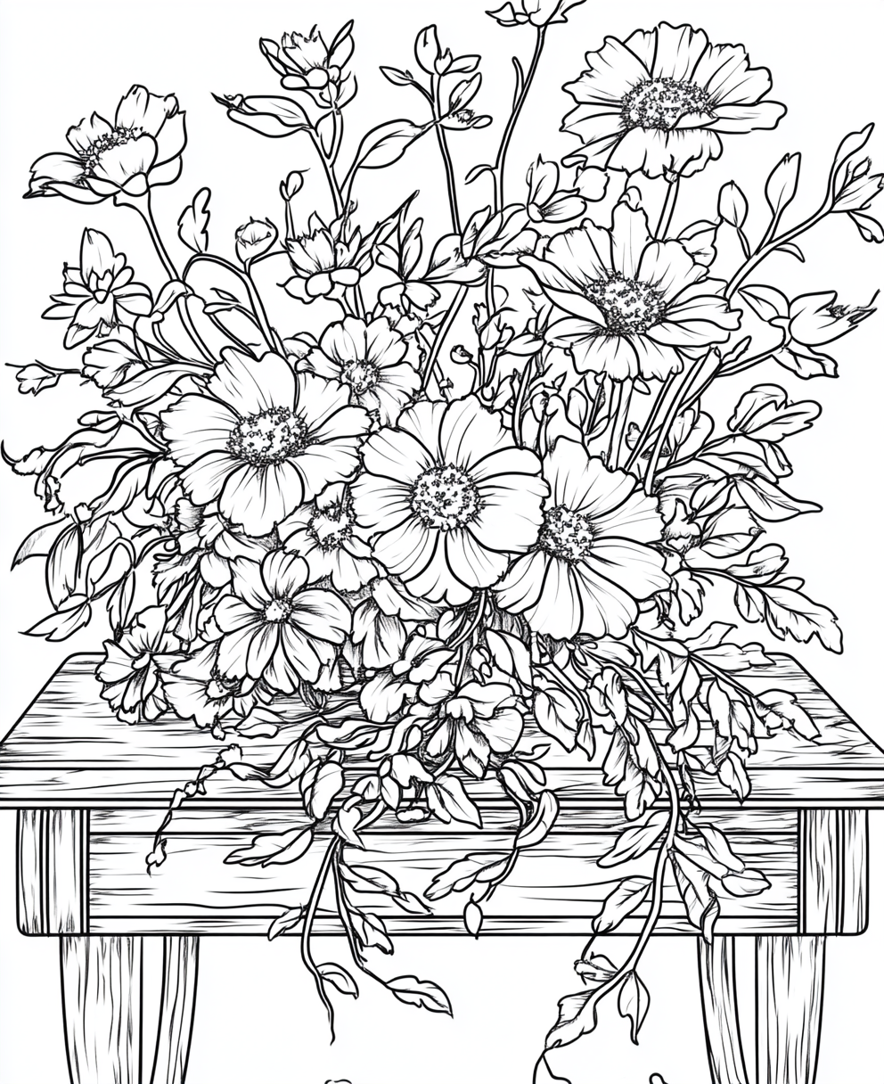 bouquet coloring page with flowers, vines, leaves - black ink - white paper.