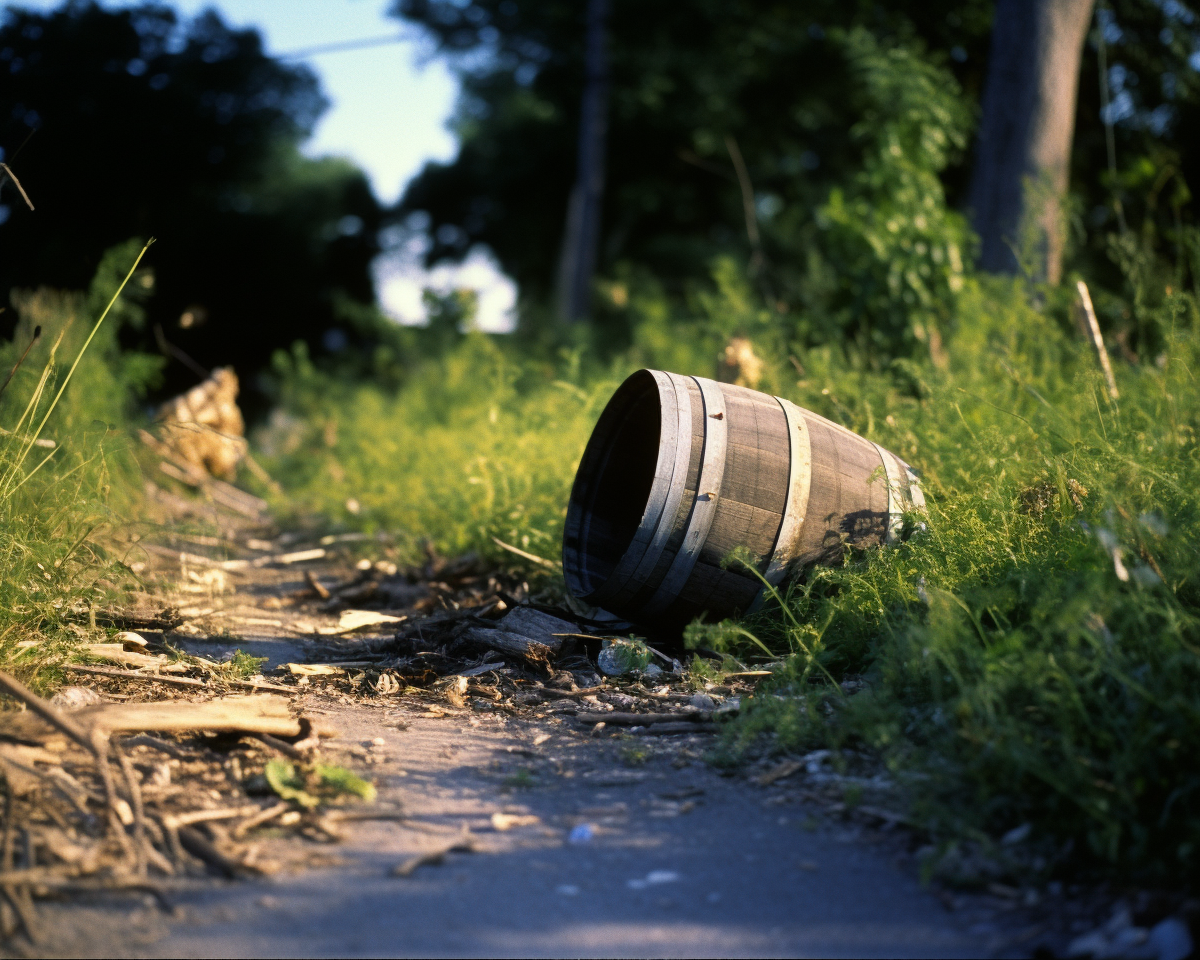 Abandoned bourbon barrel in trash-filled vacant lot