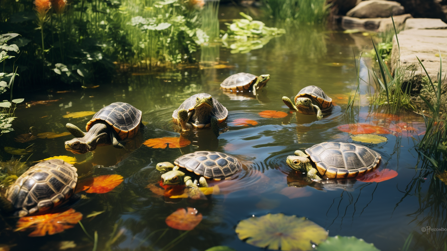 Seven box turtles swimming in backyard garden pond