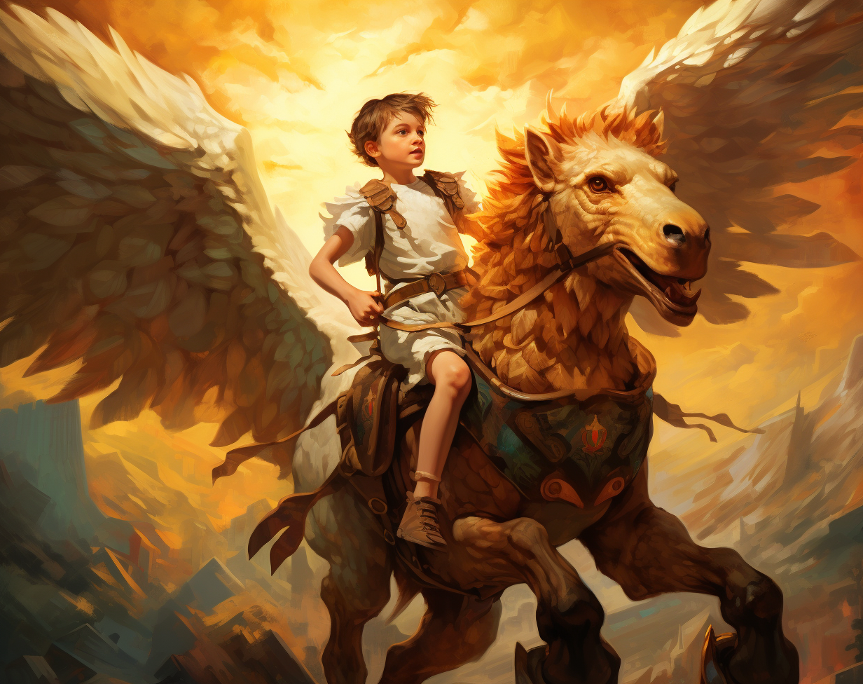 Boy riding a mythological griffin