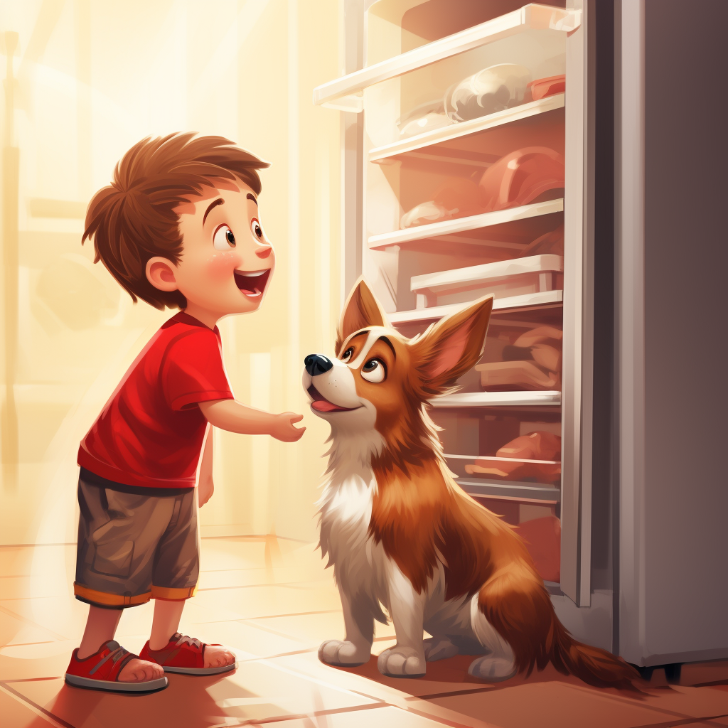 Boy and Dog Searching in Fridge