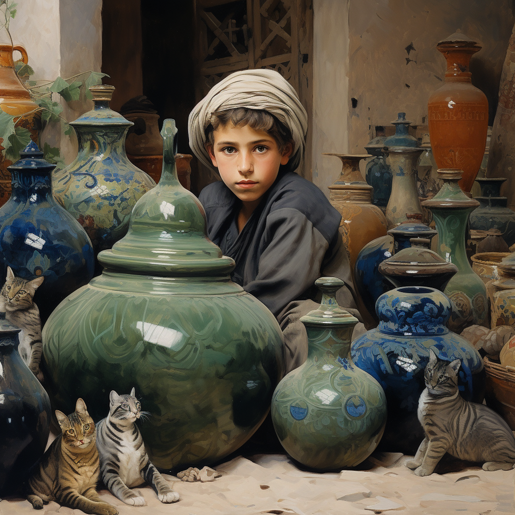 Boys exploring room with vases