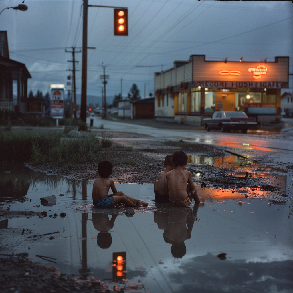 Three boys on rainy day