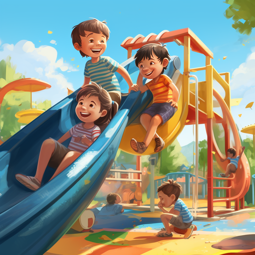 boys riding slide colorful playground sunny day