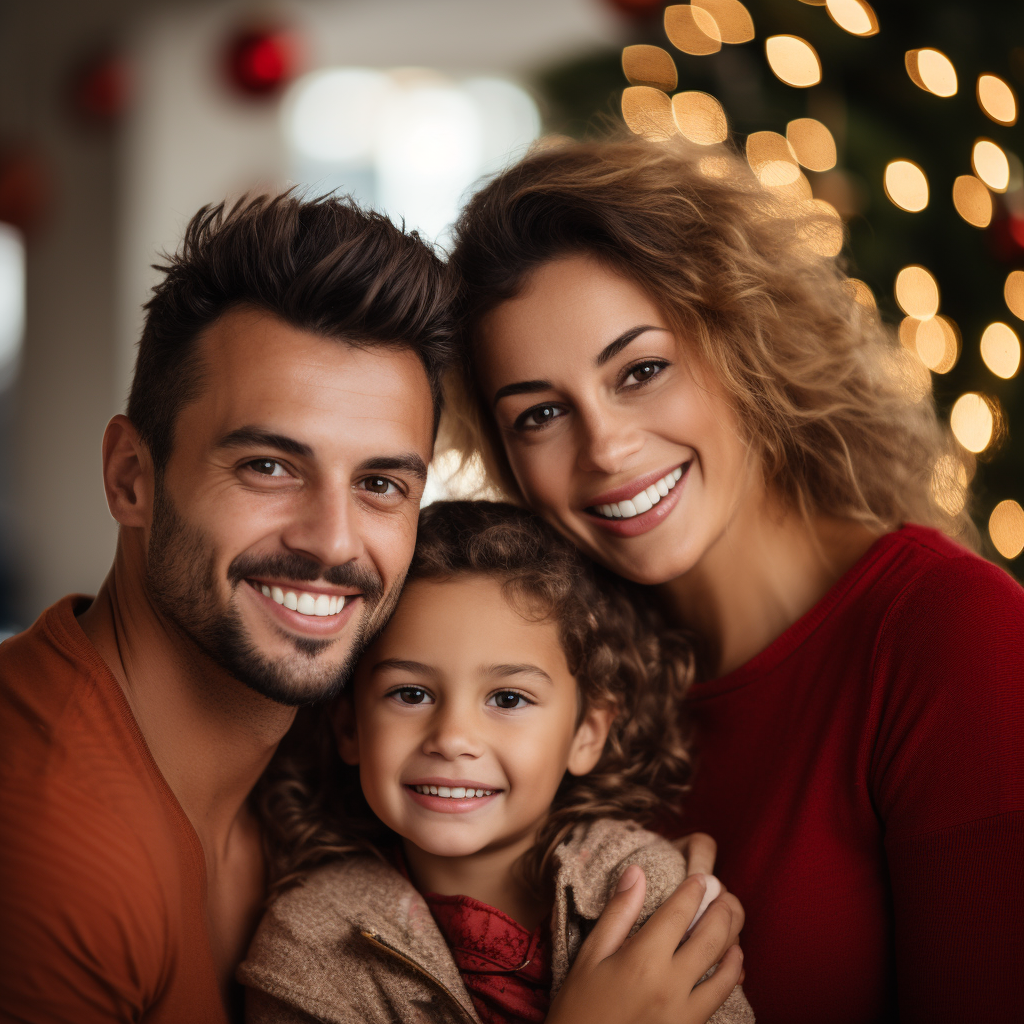 Brazilian family posing in front of Christmas trees