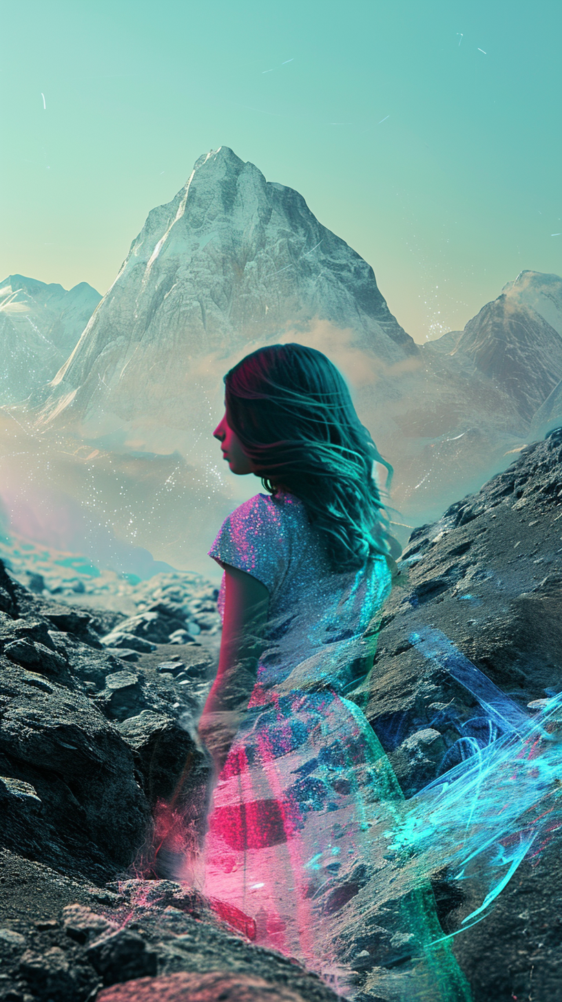 Colorful girl standing in front of mountains