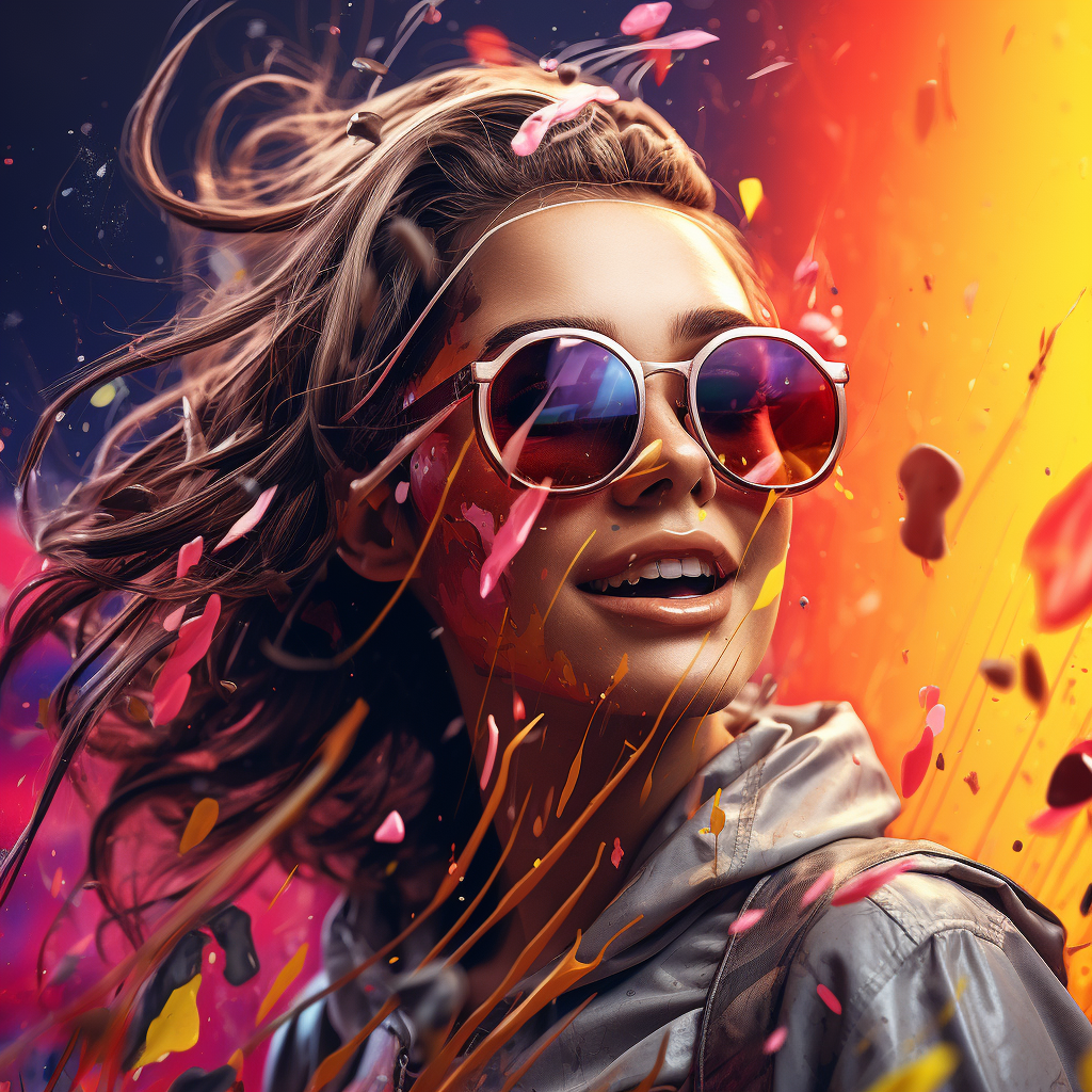 A girl with aviator glasses surrounded by colorful paint splashes