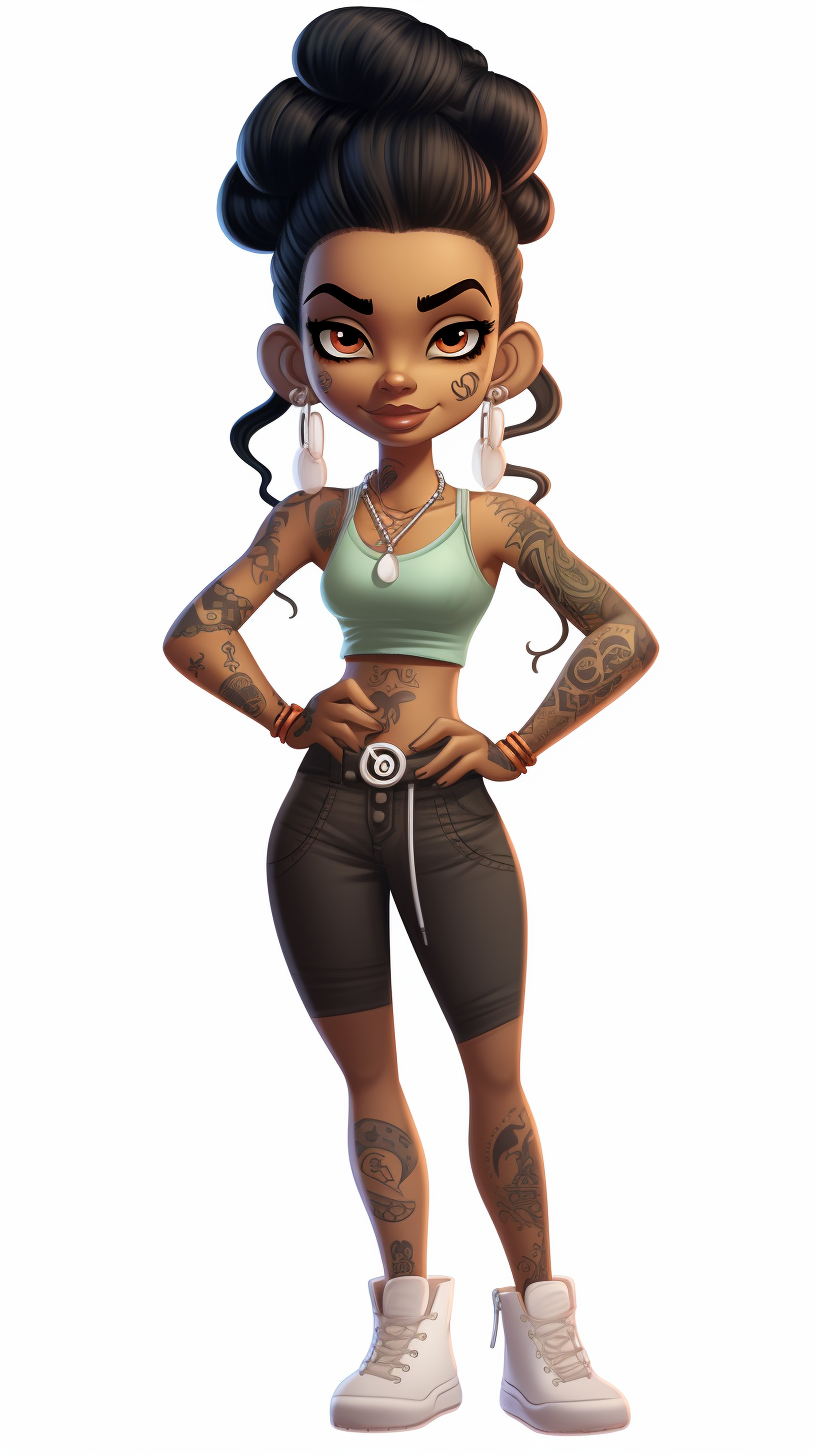 Cartoon character of a brown girl with tattoos and piercings in T pose