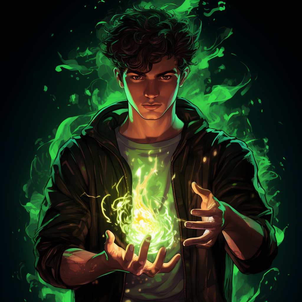 Image of a brown-haired man holding a green flame