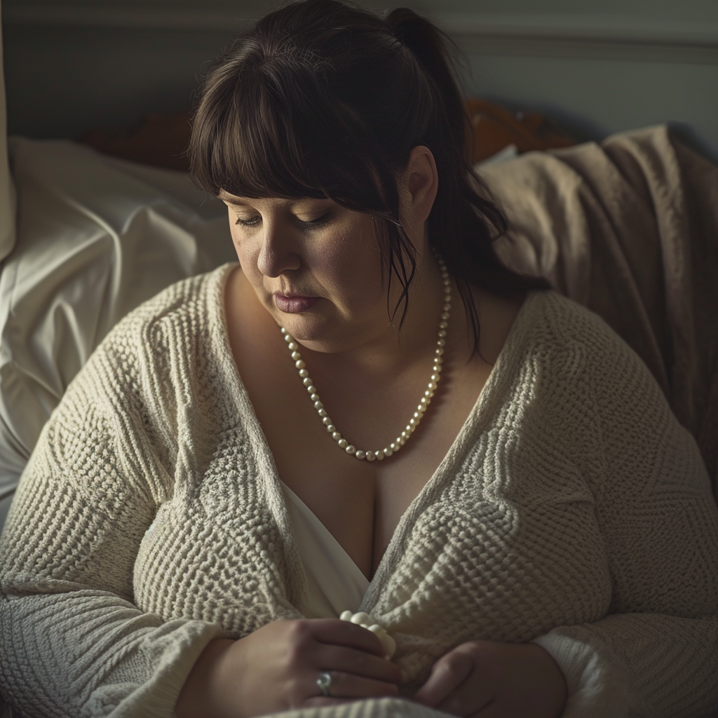 Plus Size Woman Sleeping in Soft Knit Cream Outfit