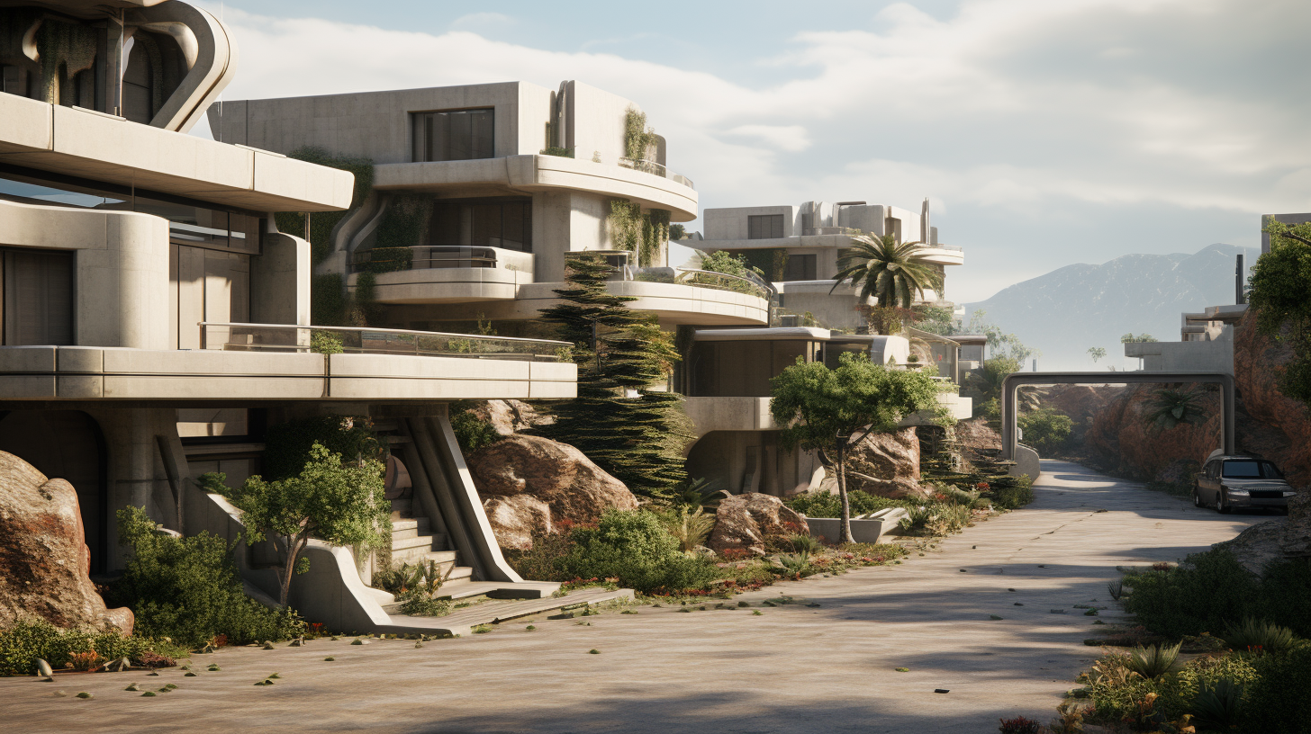 Photorealistic image of futuristic gated subdivision