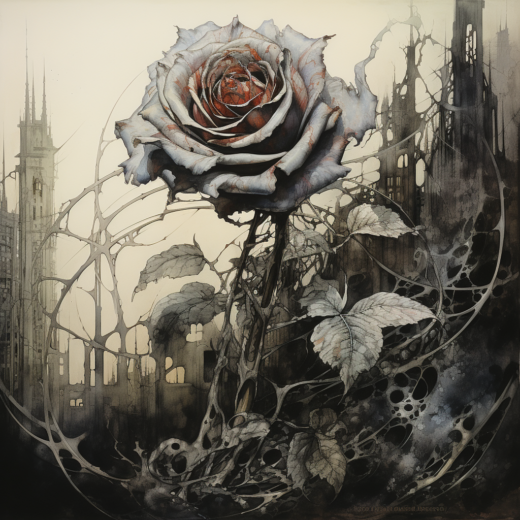 Yoshitaka Amano's brutalist rose artwork