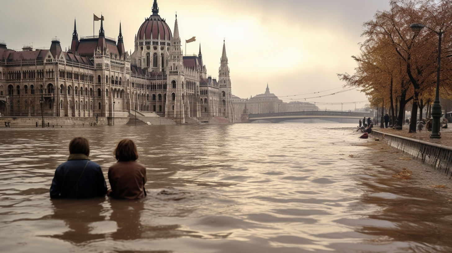 People and children amidst Budapest's winter flood