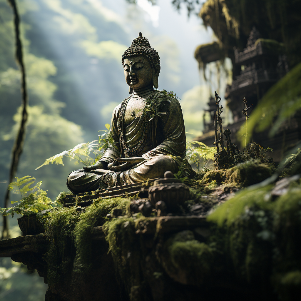 Serene Buddha statue in mountainous landscape