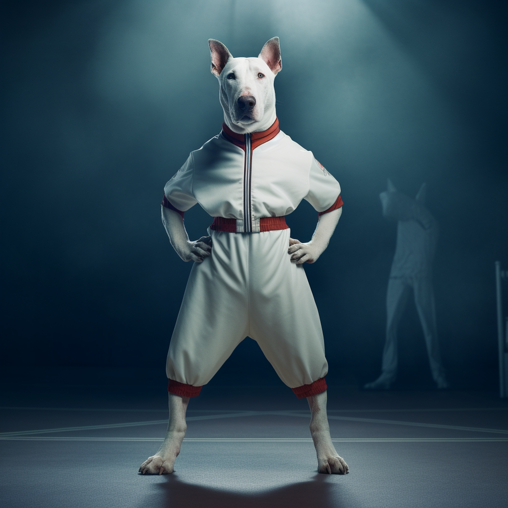 Bull Terrier in Basketball Jersey Pose