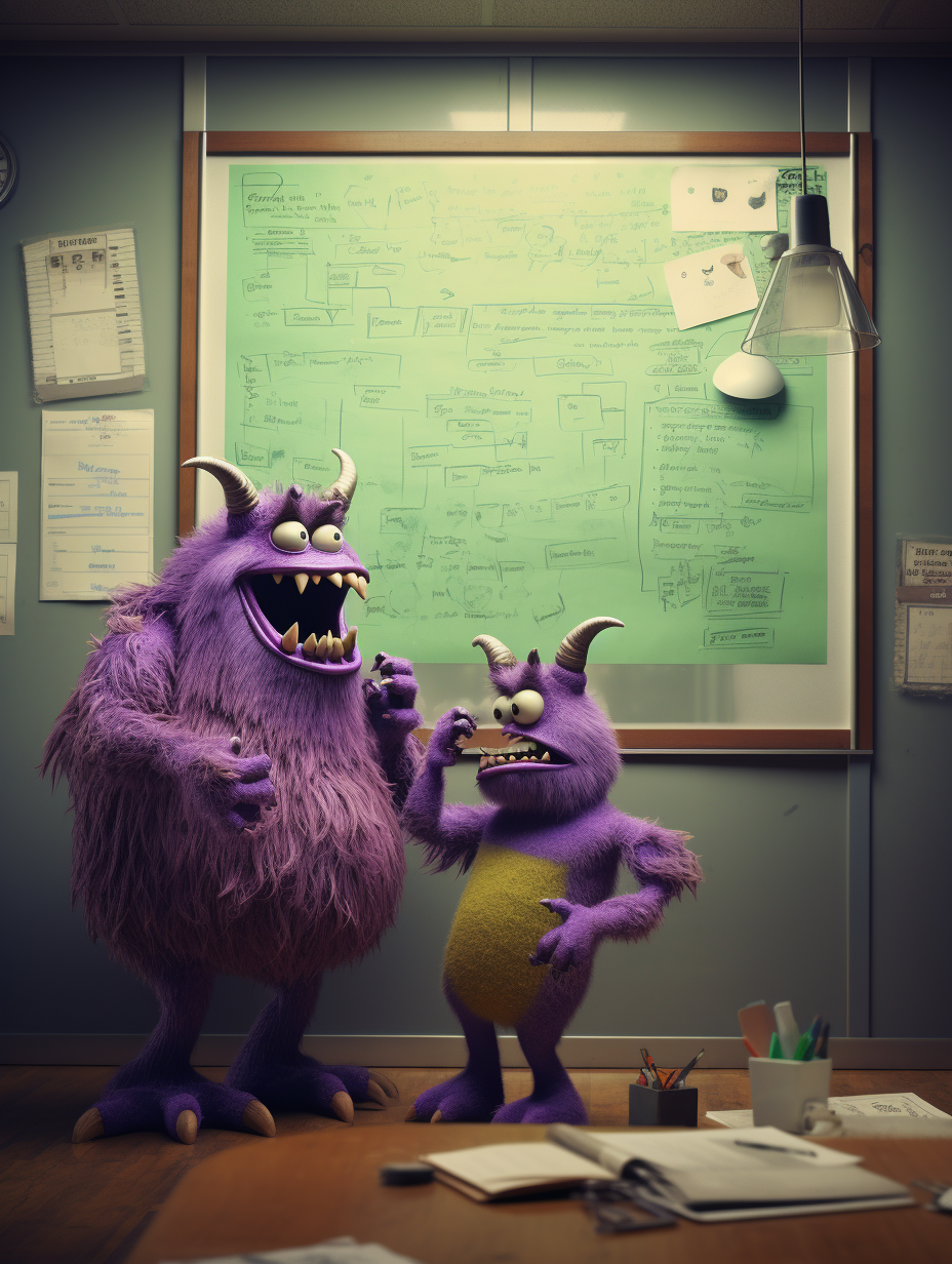 Two purple demons looking at chaotic bulletin board