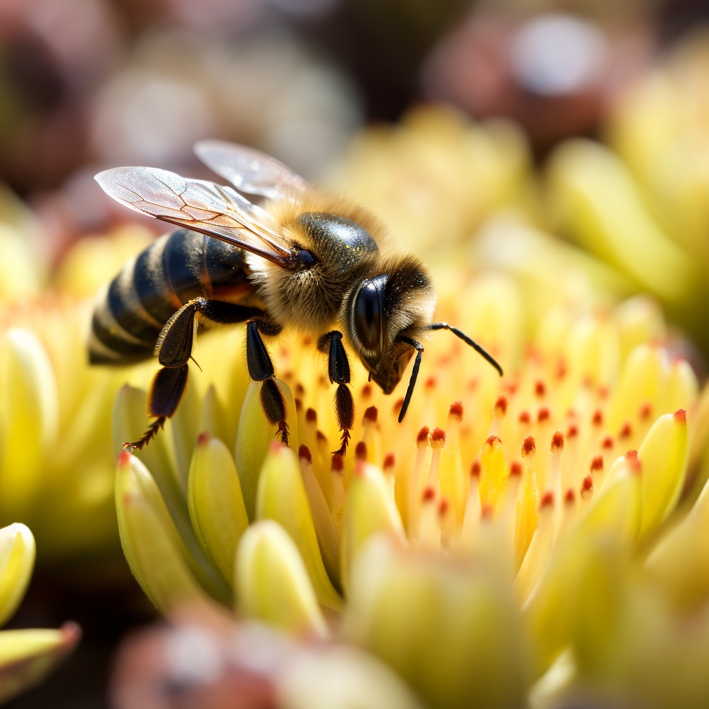 Bumblebee on succulent with shallow depth of field