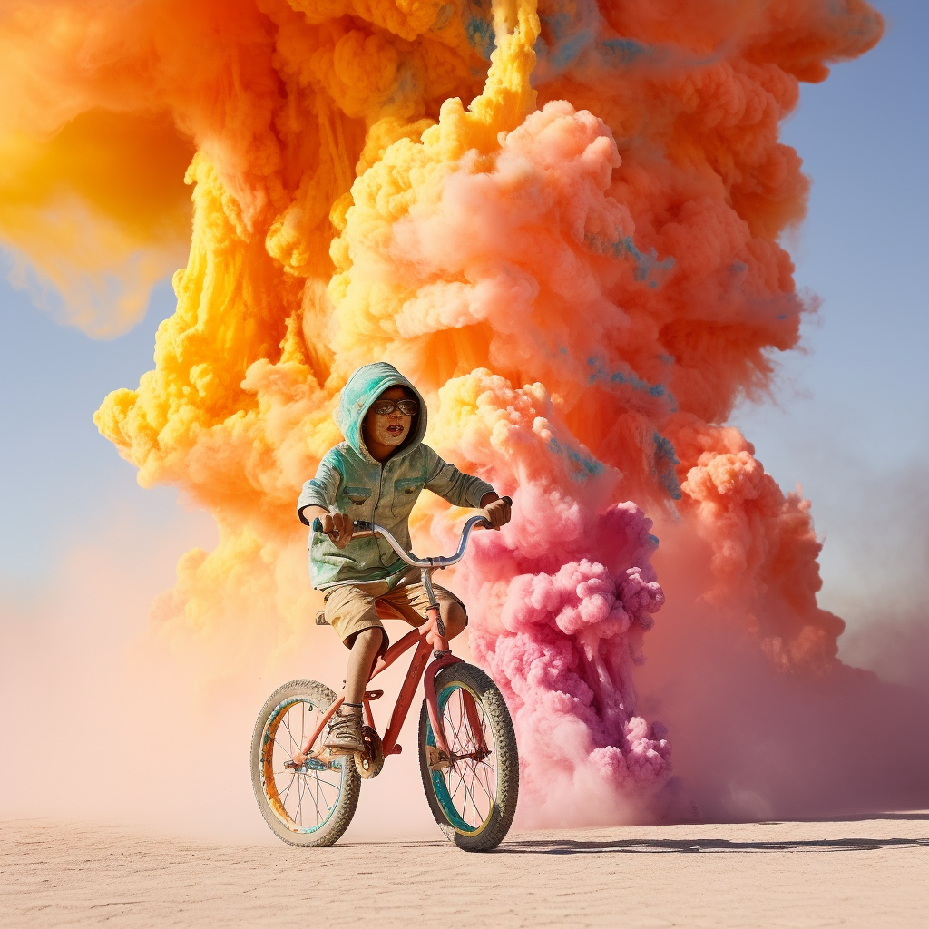 Kids having fun with colourful smoke at Burning Man