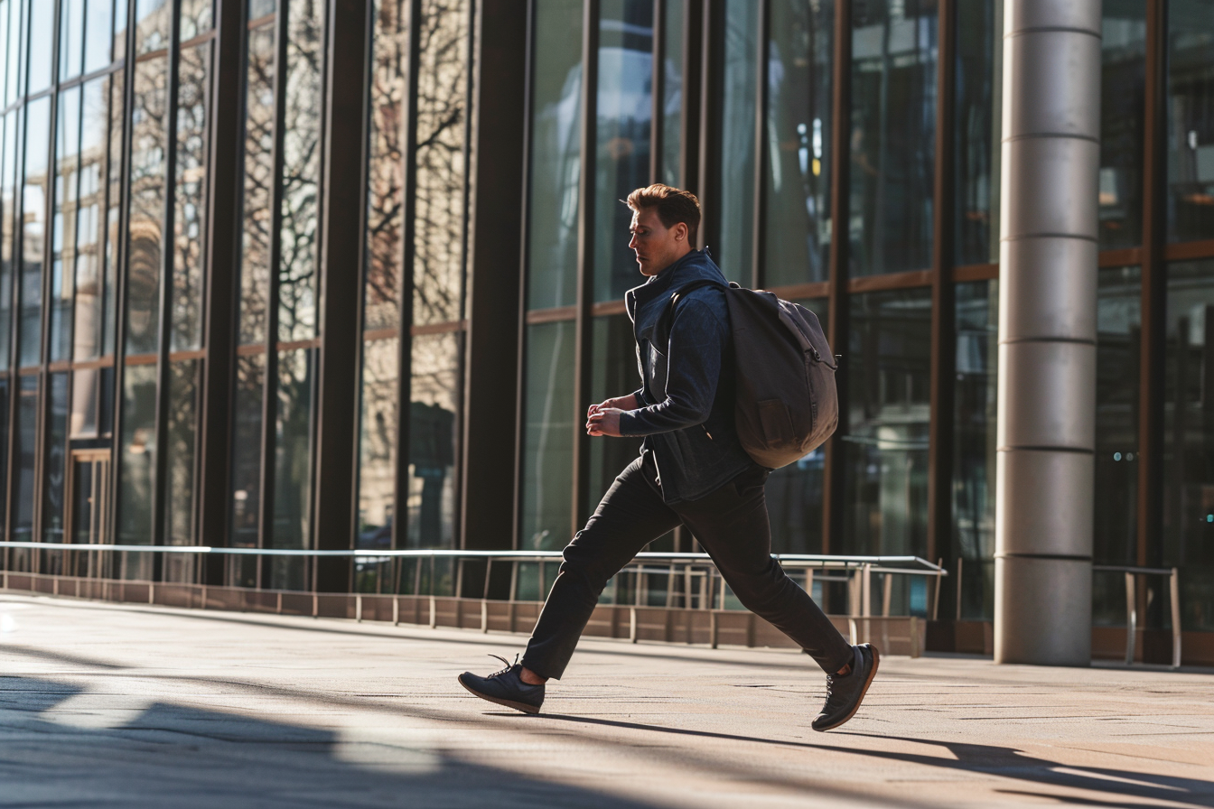 Businessman running on sidewalk with bag