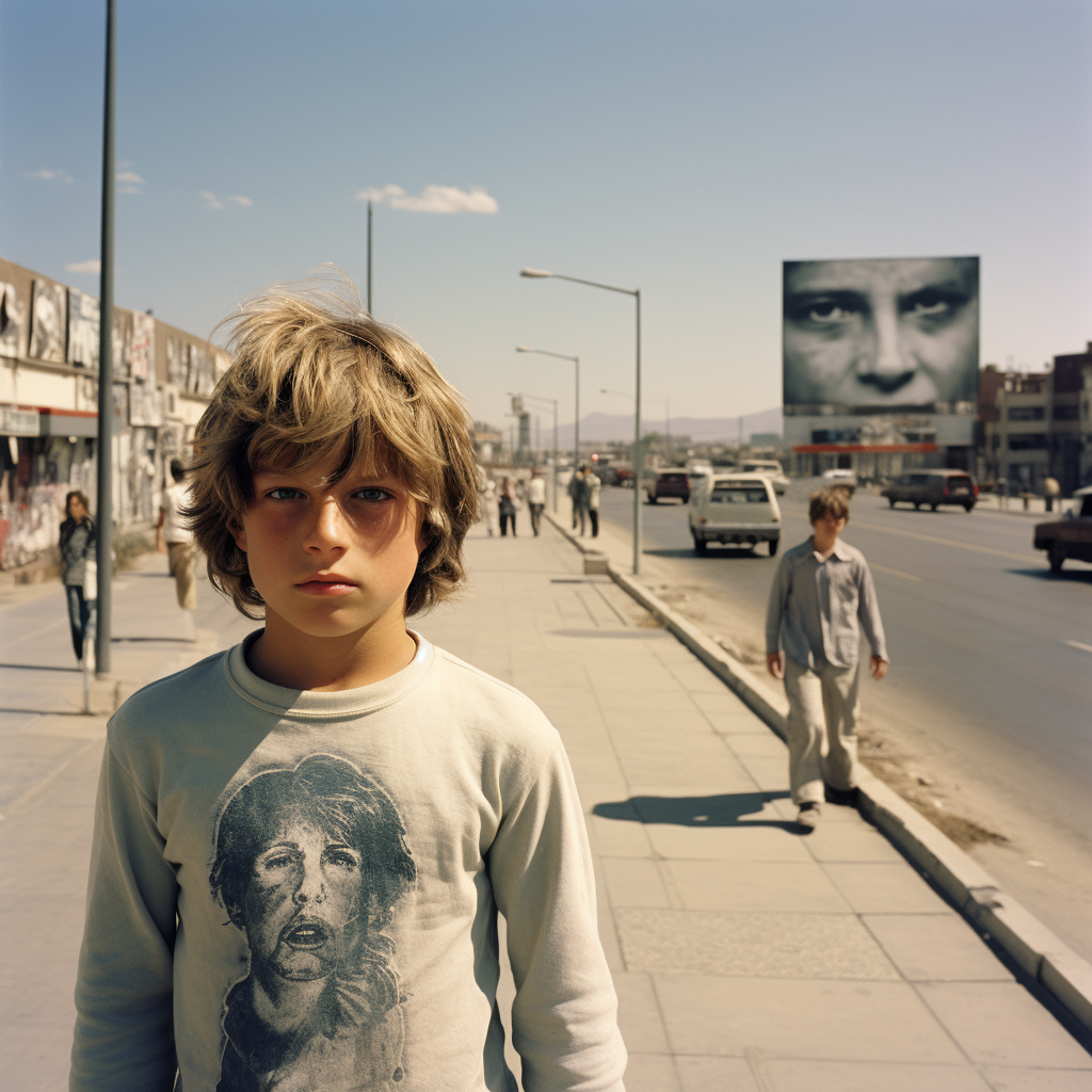 A realistic photograph of a 10-year-old boy walking on a busy road