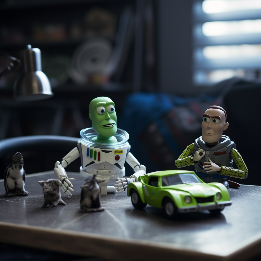 Buzz Lightyear and Jack the Skeleton at the toy car table